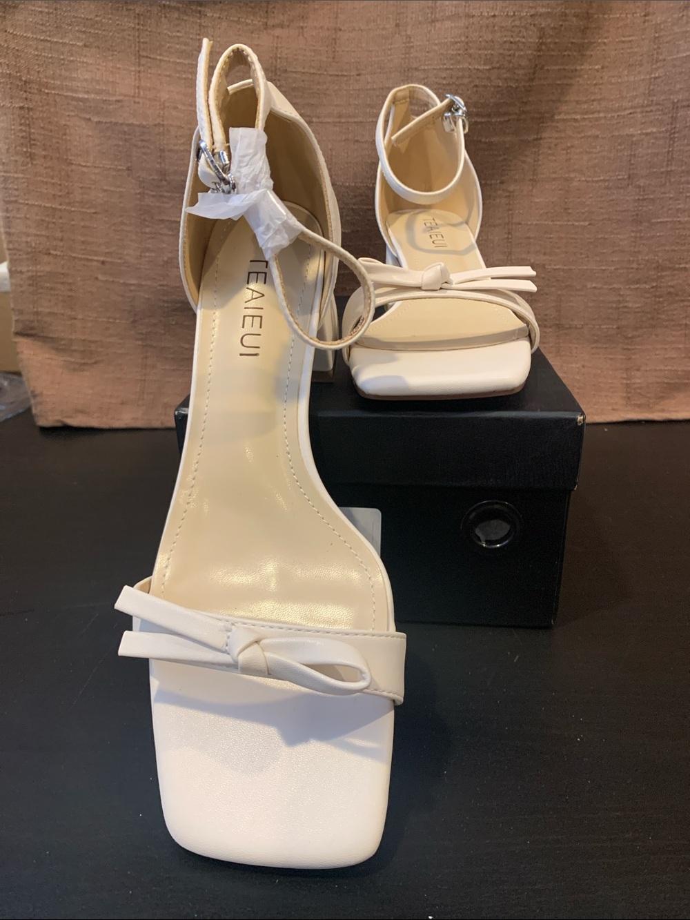 Beige with Bow -Square Toe Chunky Heels with Ankle Strap